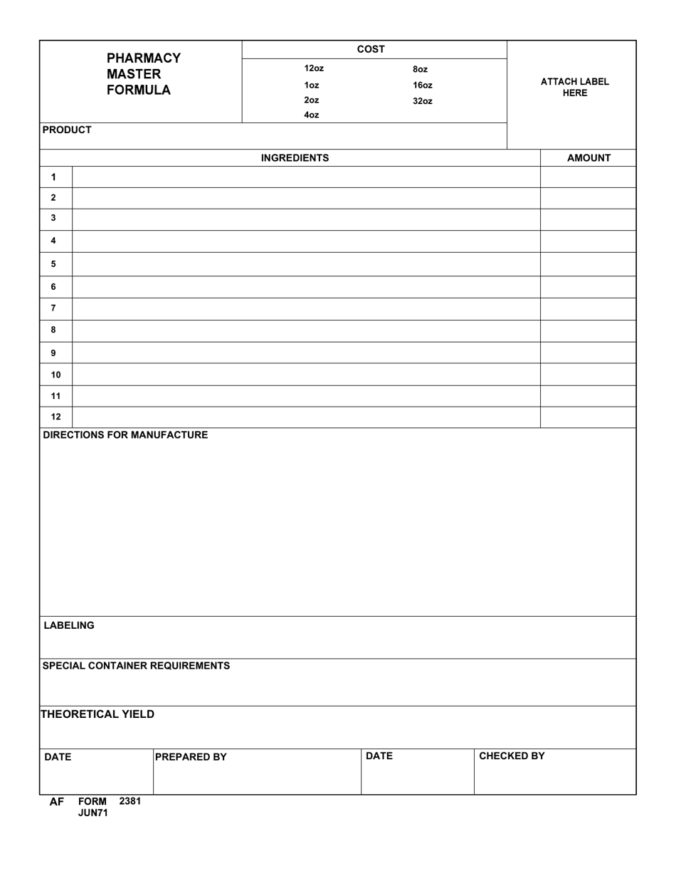 AF Form 2381 Pharmacy Master Formula, Page 1