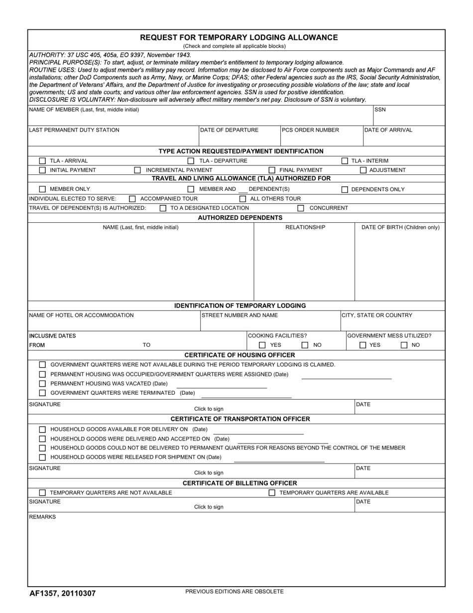 AF Form 1357 Request for Temporary Lodging Allowance, Page 1