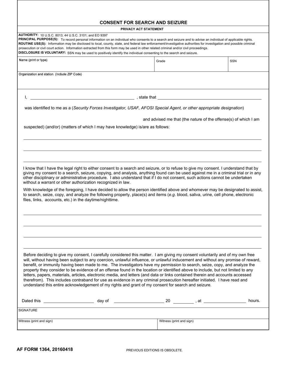 AF Form 1364 Consent for Search and Seizure, Page 1