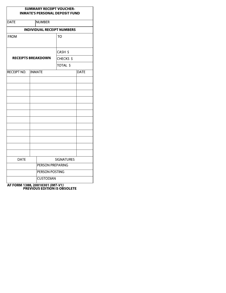AF Form 1388 Summary Receipt Voucher - Inmates Personal Deposit Fund, Page 1