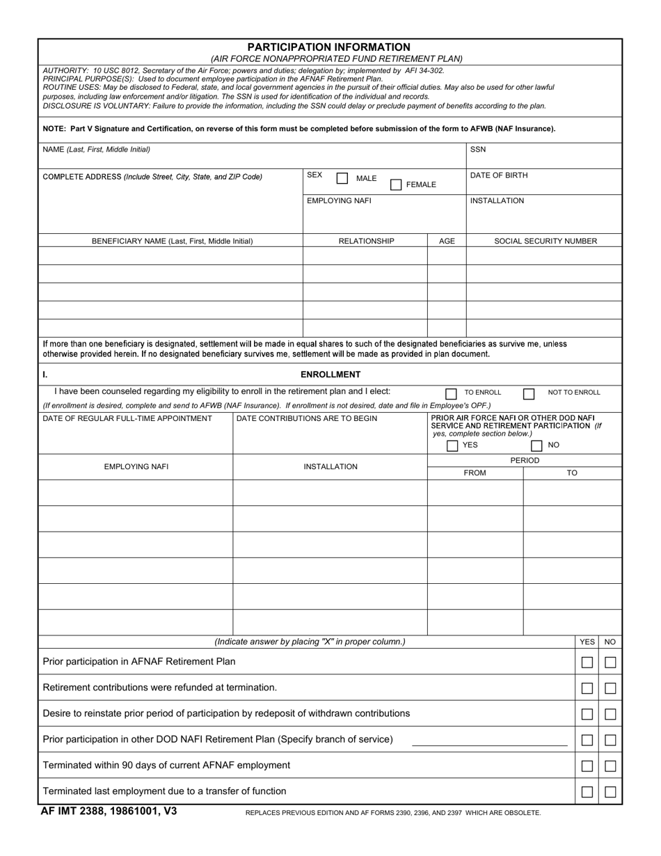 AF IMT Form 2388 Participation Information (Air Force Nonappropriated Fund Retirement Plan), Page 1