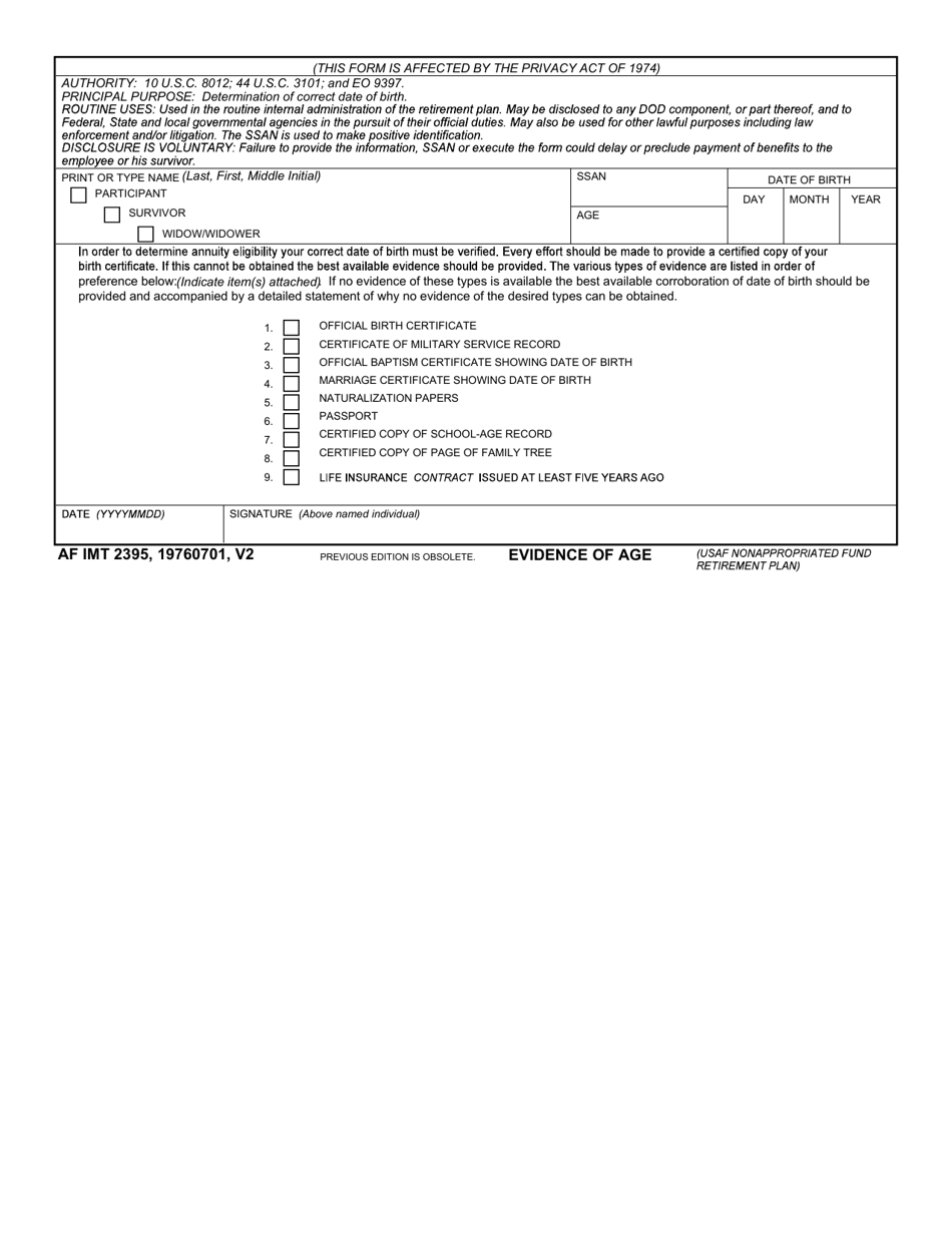 AF IMT Form 2395 Evidence of Age (USAF Nonappropriated Fund Retirement Plan), Page 1