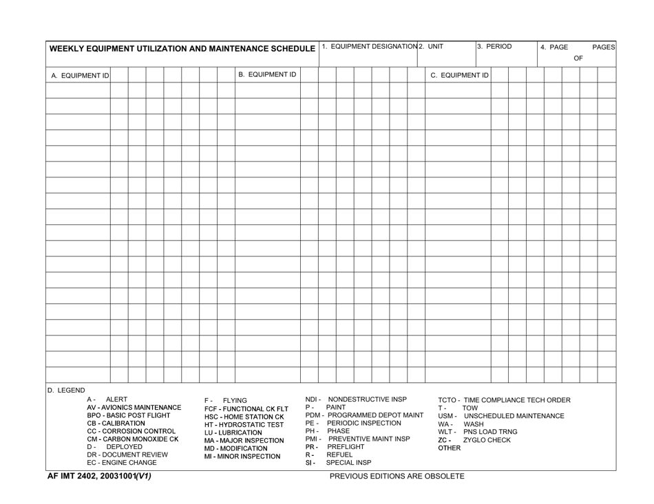 AF IMT Form 2402 Weekly Equipment Utilization and Maintenance Schedule, Page 1