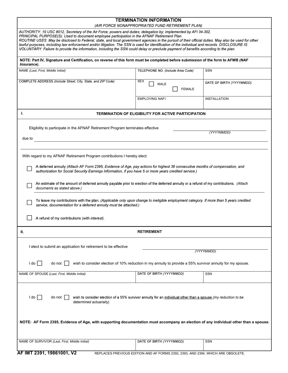 AF IMT Form 2391 Termination Information (Air Force Nonappropriated Fund Retirement Plan), Page 1