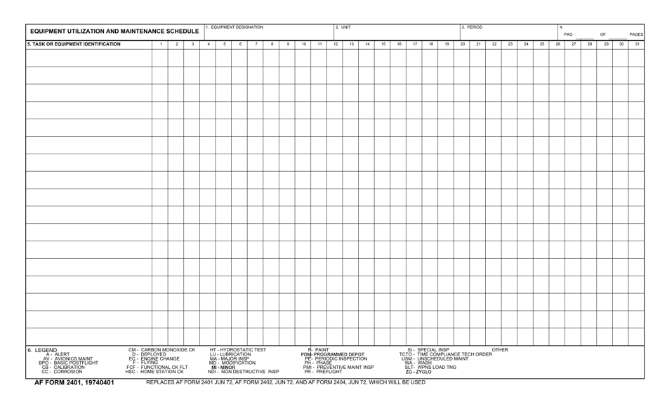 AF Form 2401 Equipment Utilization and Maintenance Schedule, Page 1