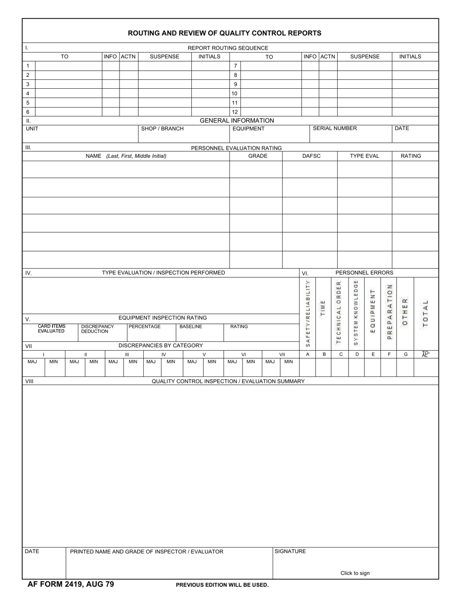 AF Form 2419 Routing and Review of Quality Control Reports, Page 1
