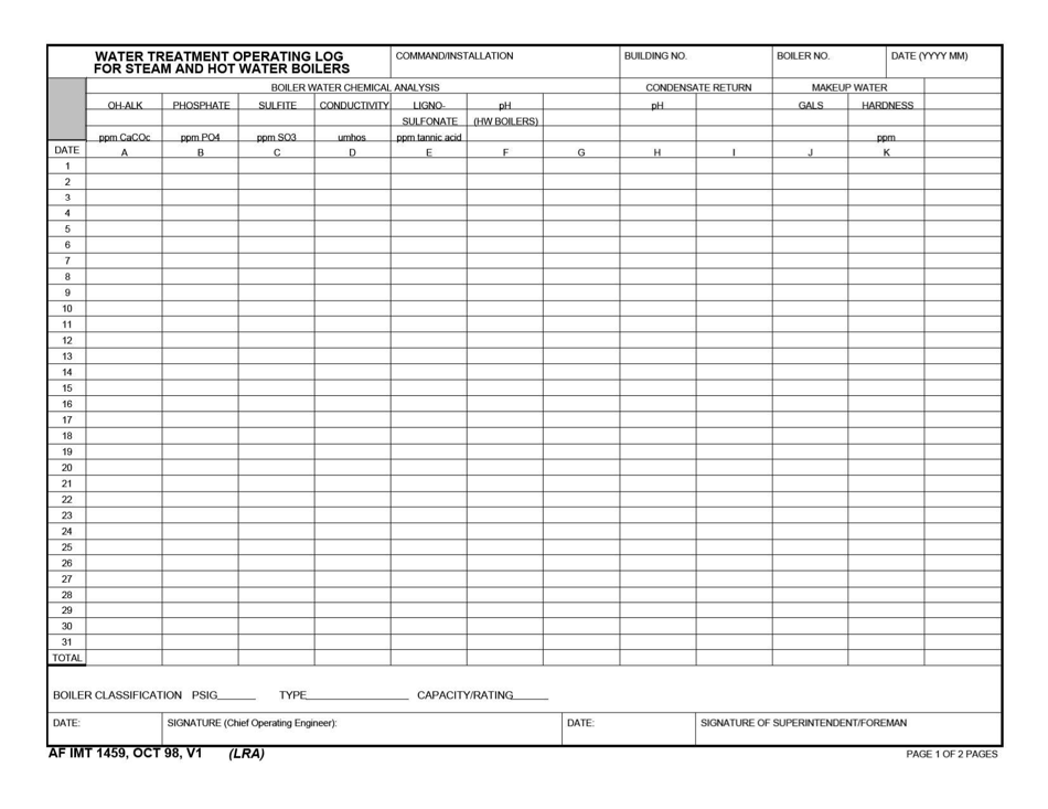 AF IMT Form 1459 Water Treatment Operatingt Log for Steam and Hot Water Boilers, Page 1