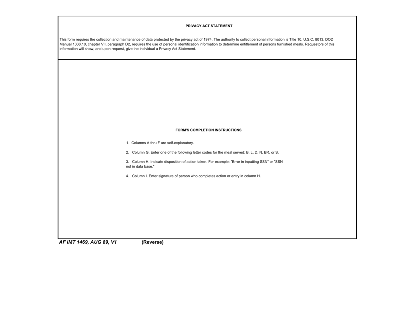 Instructions for AF IMT Form 1469 Subsistence-In-kind (Sik) Invalid Entitlements Log (LRA)