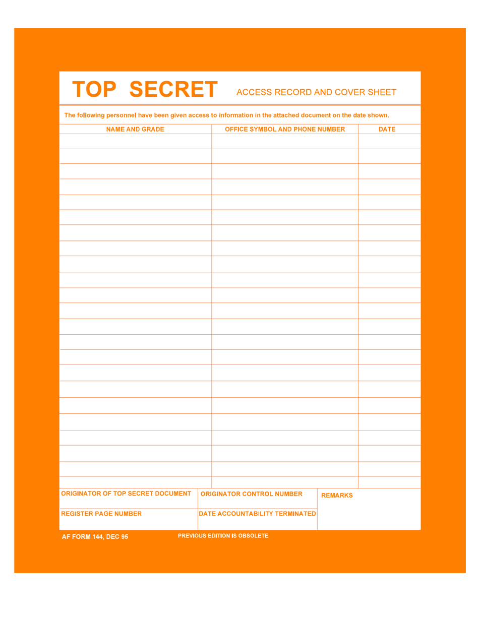 AF Form 144 Top Secret Access Record and Cover Sheet, Page 1