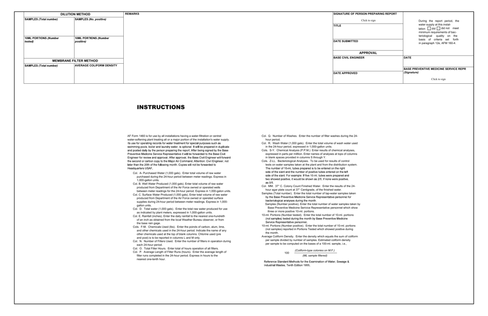 Af Form 1460 Download Fillable Pdf Or Fill Online Water Utility Operating Log Supplemental Templateroller