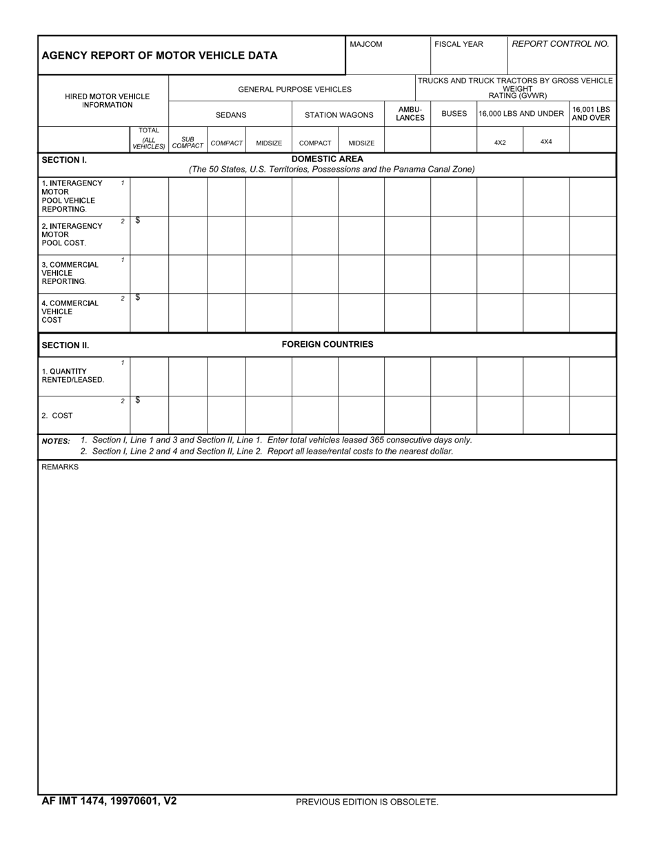 AF IMT Form 1474 Agency Report of Motor Vehicle Data, Page 1