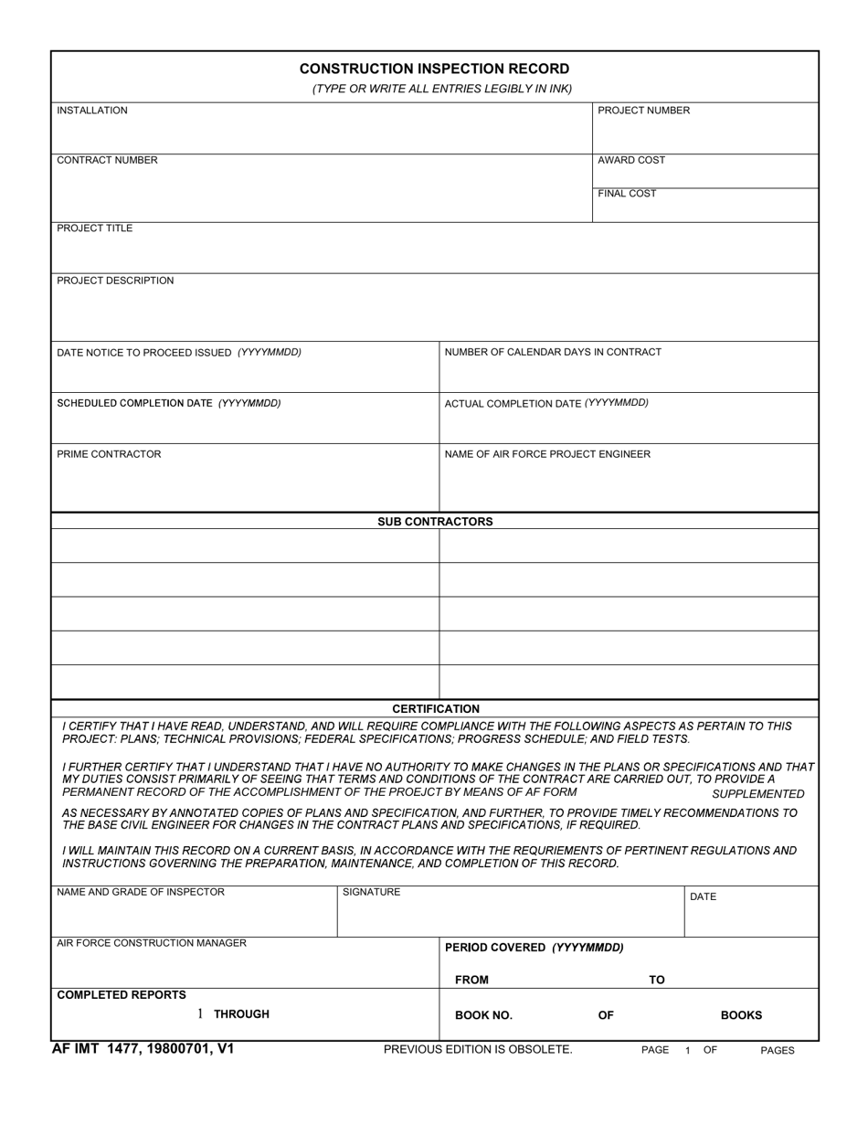 AF IMT Form 1477 Construction Inspection Report, Page 1