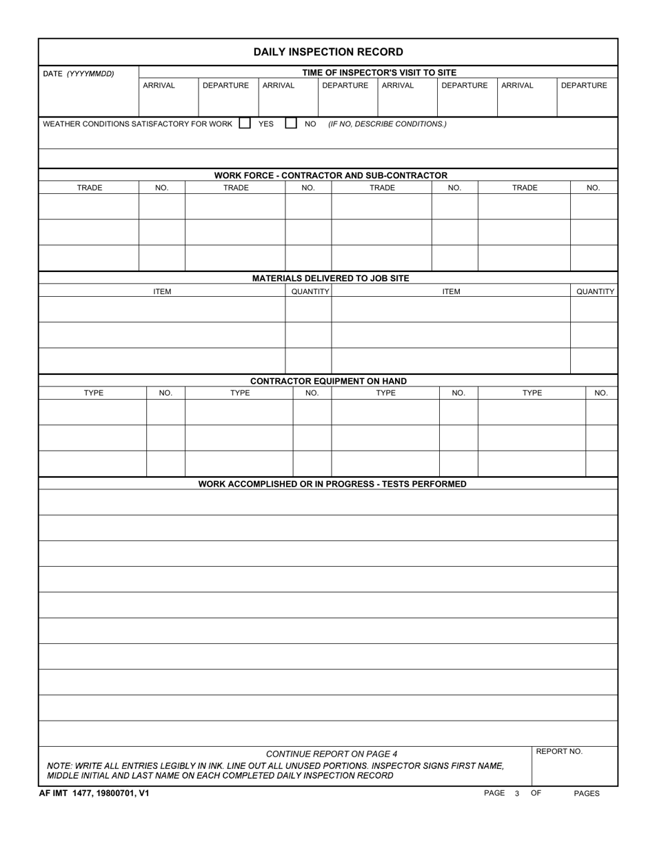 AF IMT Form 1477 Construction Inspection Report, Page 3