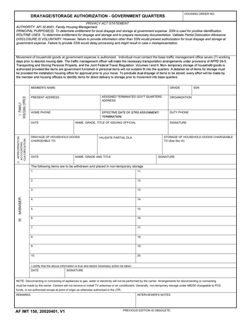 AF IMT Form 150 Drayage/Storage Authorization- Government Quarters