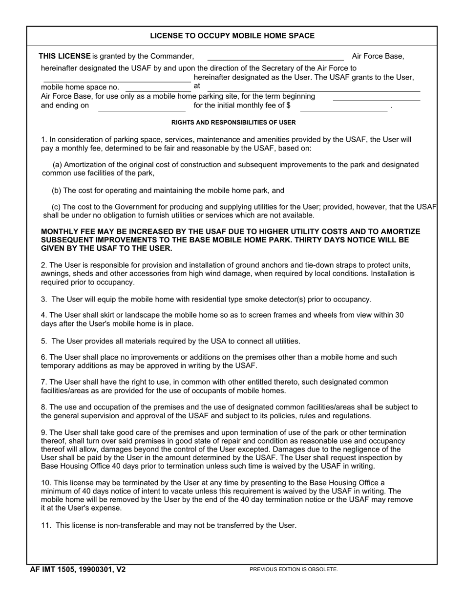 AF IMT Form 1505 License to Occupy Mobile Home Space, Page 1