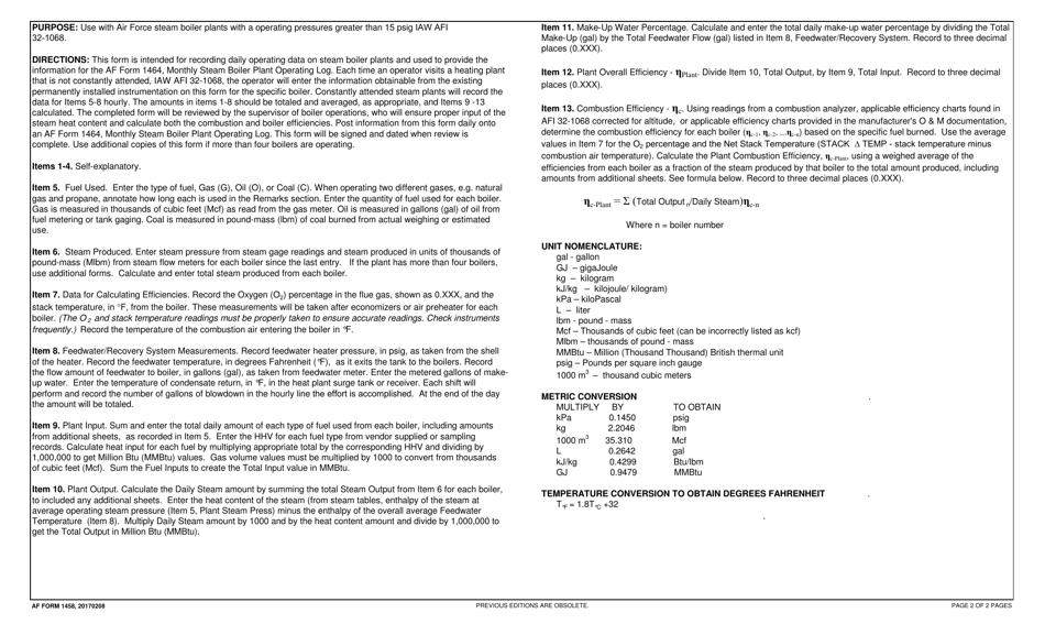 AF Form 1458 Daily Steam Plant Operating Log, Page 2