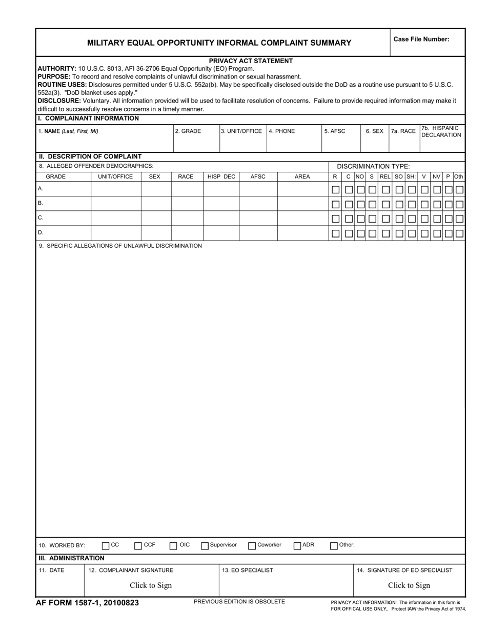 AF Form 1587-1 Military Equal Opportunity Informal Complaint Summary, Page 1