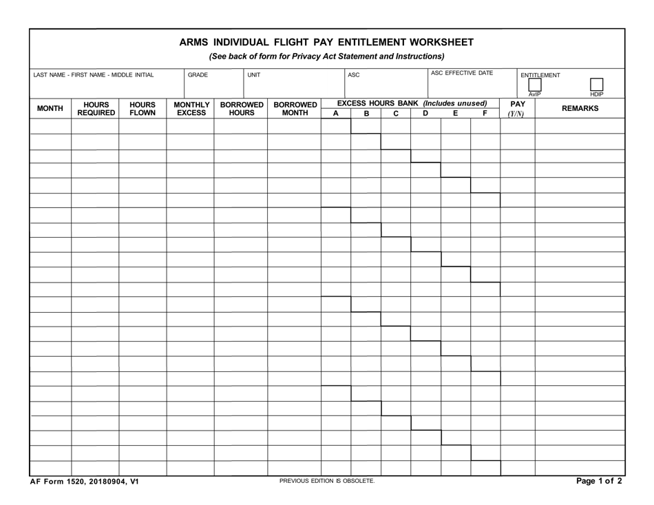 AF Form 1520 Arms Individual Flight Pay Entitlement Worksheet, Page 1