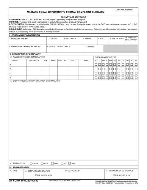 AF Form 1587 Military Equal Opportunity Formal Complaint Summary