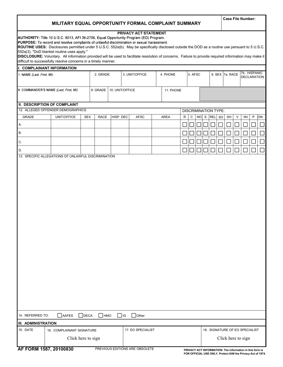 AF Form 1587 Military Equal Opportunity Formal Complaint Summary, Page 1