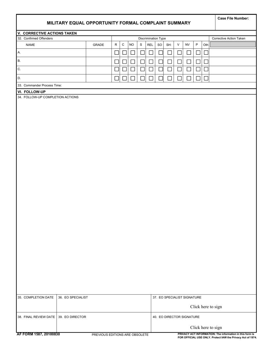 AF Form 1587 Military Equal Opportunity Formal Complaint Summary, Page 3
