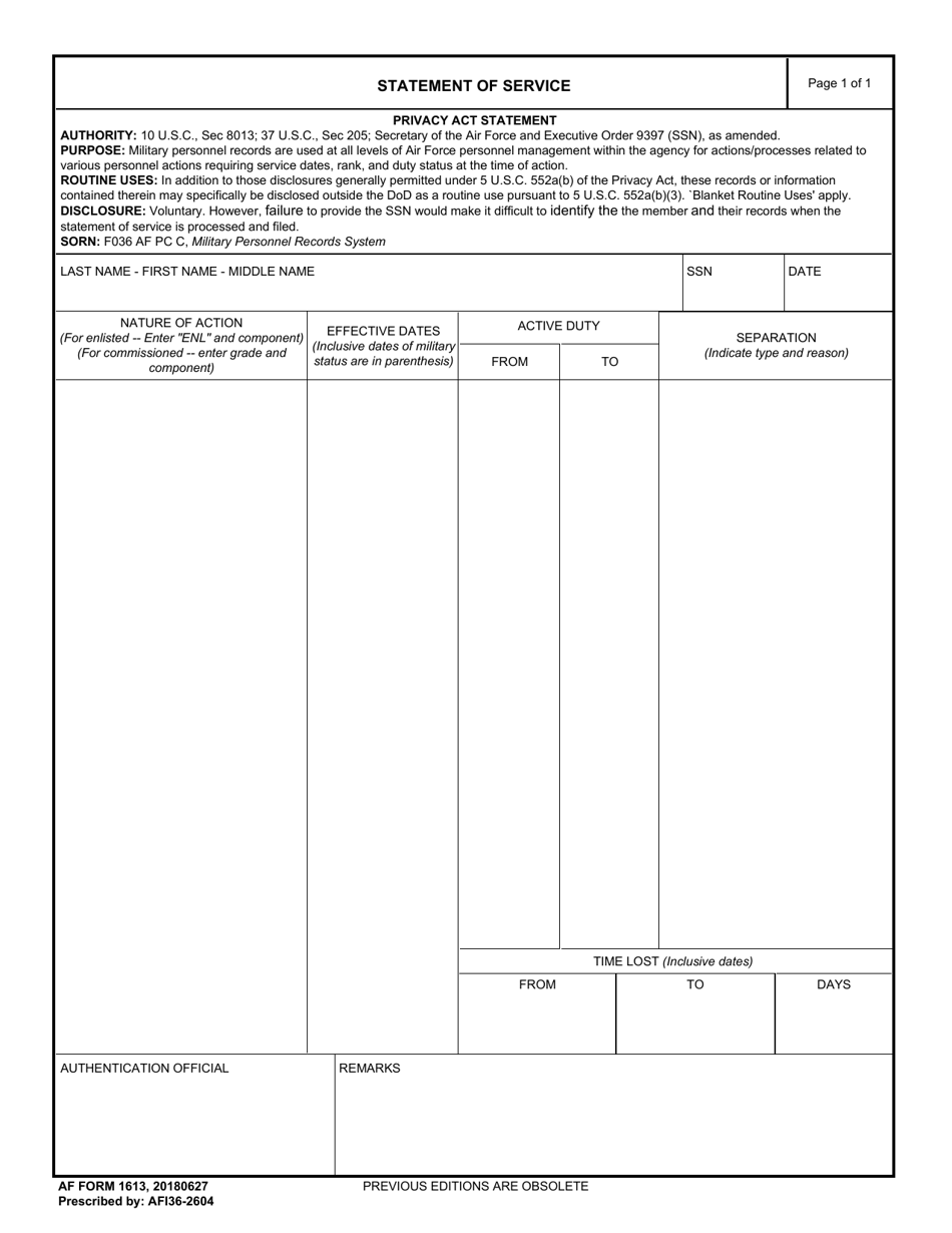 AF Form 1613 Statement of Service, Page 1