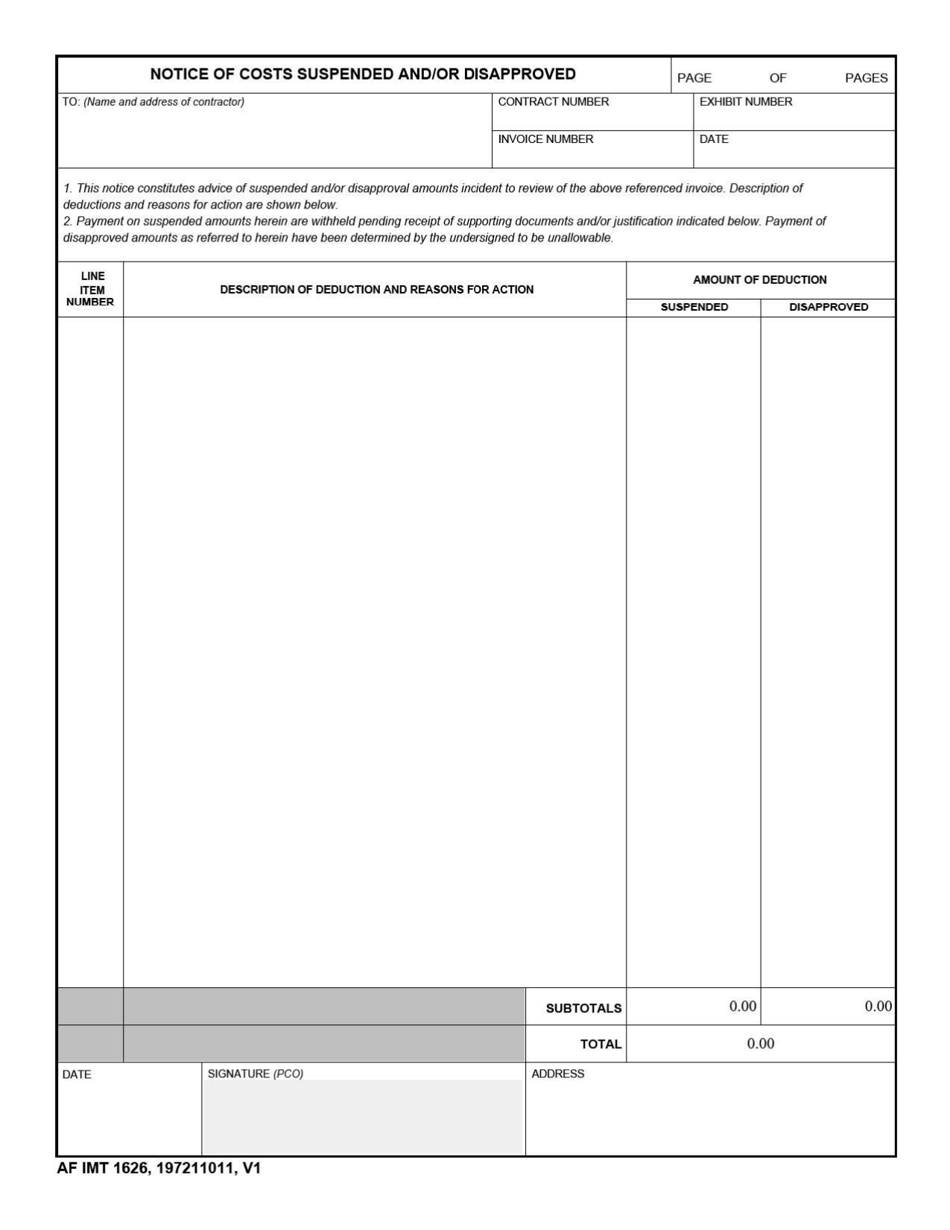 AF IMT Form 1626 Notice of Costs Suspended and / or Disapproved, Page 1