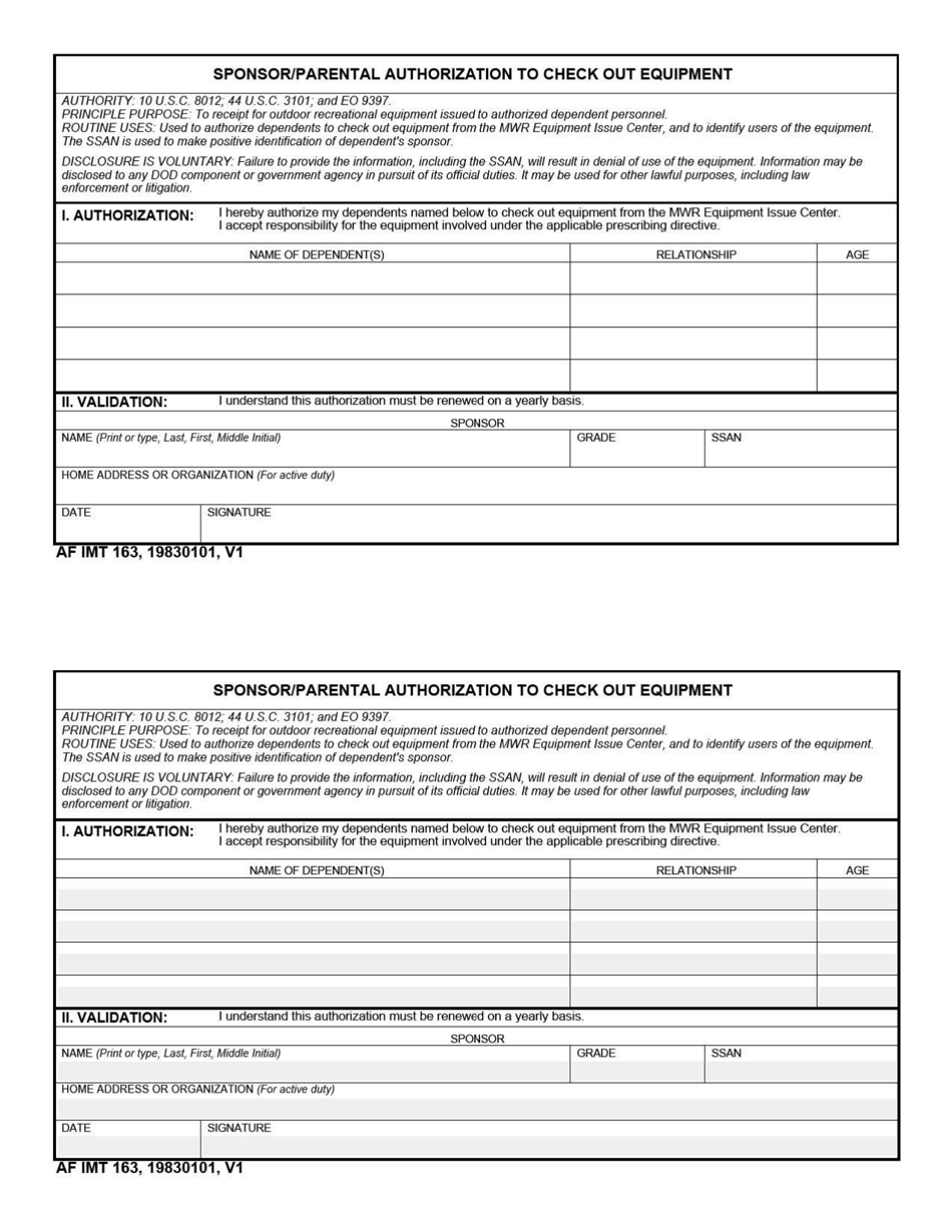 AF IMT Form 163 Sponsor / Parental Authorization to Check out Equipment, Page 1