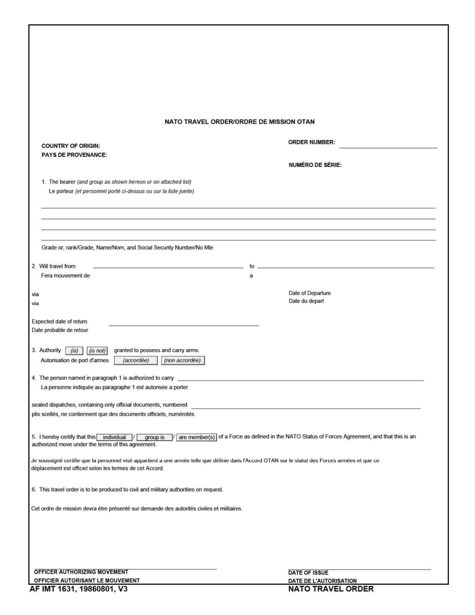 AF IMT Form 1631 NATO Travel Order (English / French), Page 1