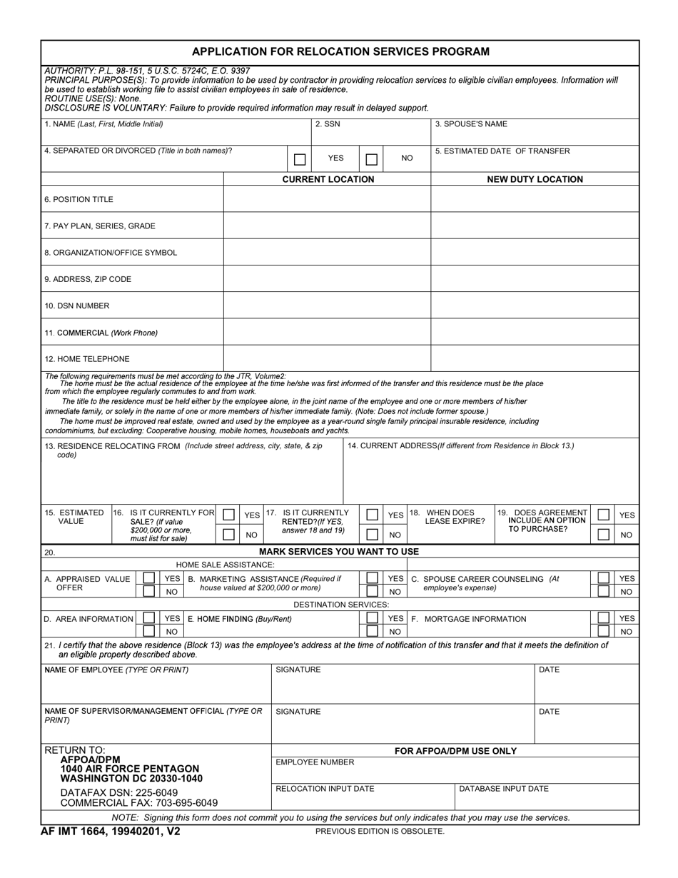 AF IMT Form 1664 Application for Relocation Services Program, Page 1