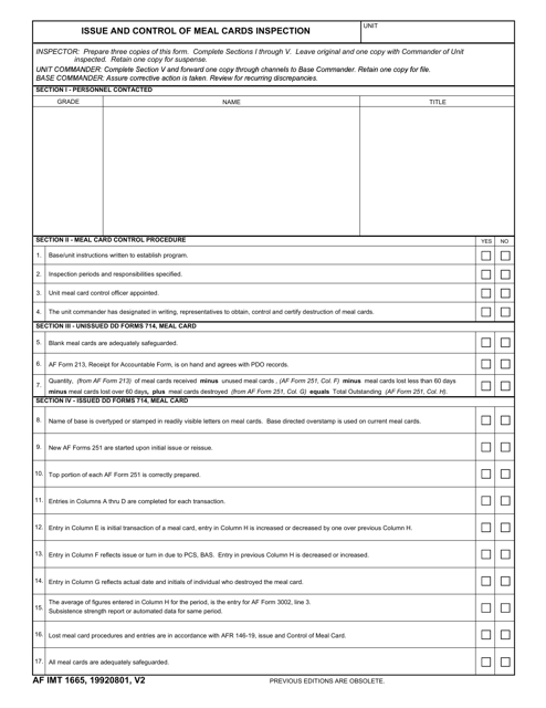 AF IMT Form 1665 Issue and Control of Meal Cards Inspection