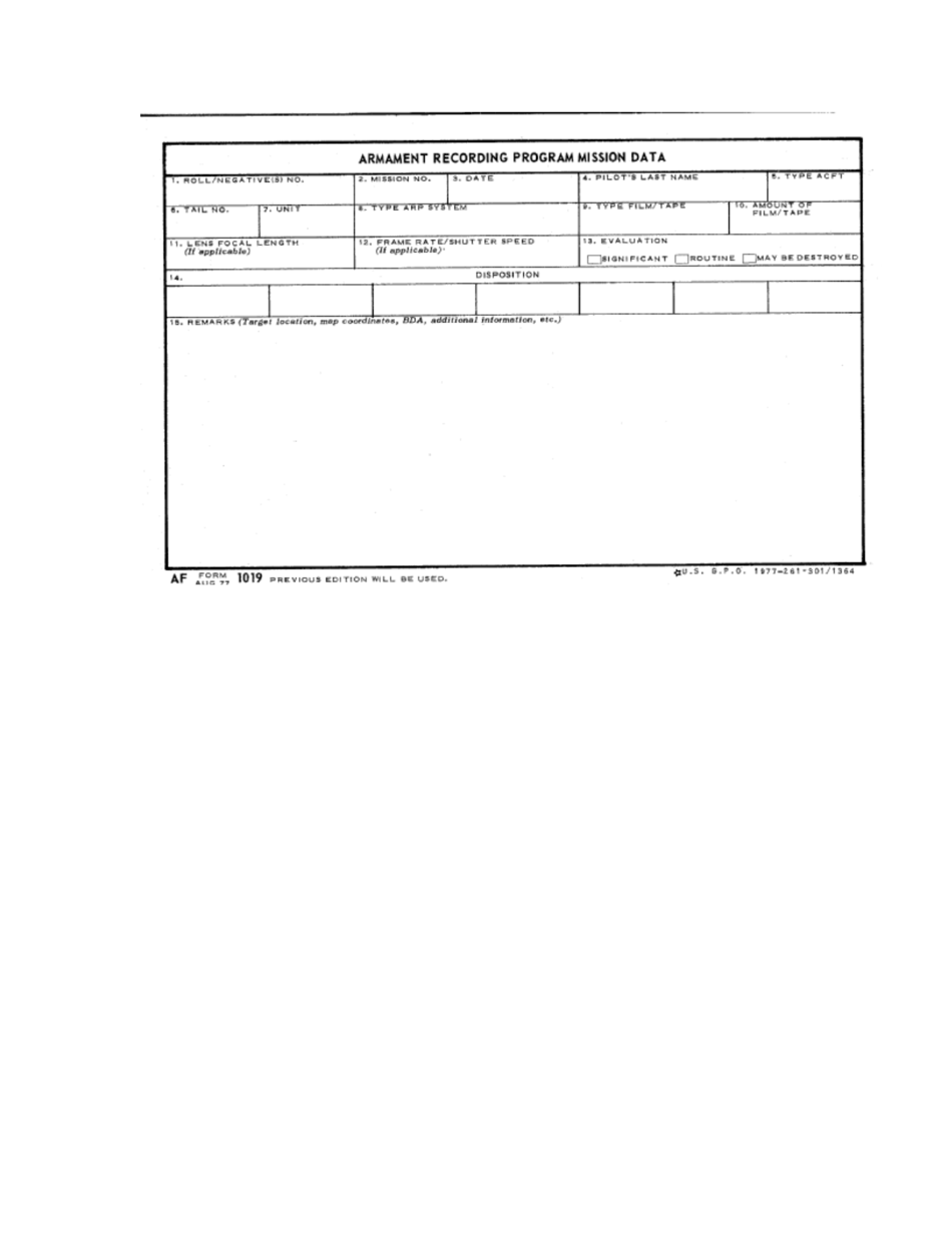 AF Form 1019 Armament Recording Program Mission Data, Page 1