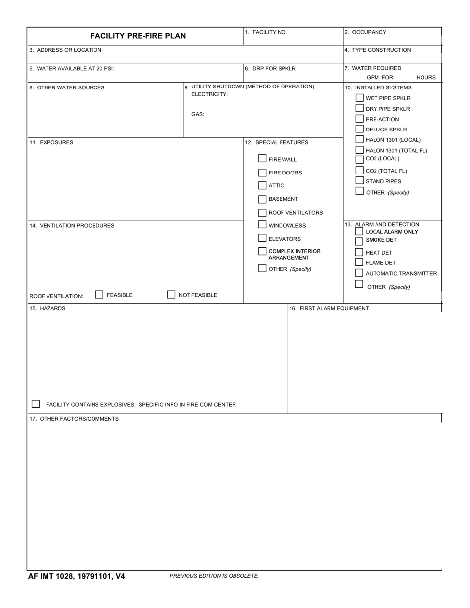 AF IMT Form 1028 Facility Pre-fire Plan, Page 1