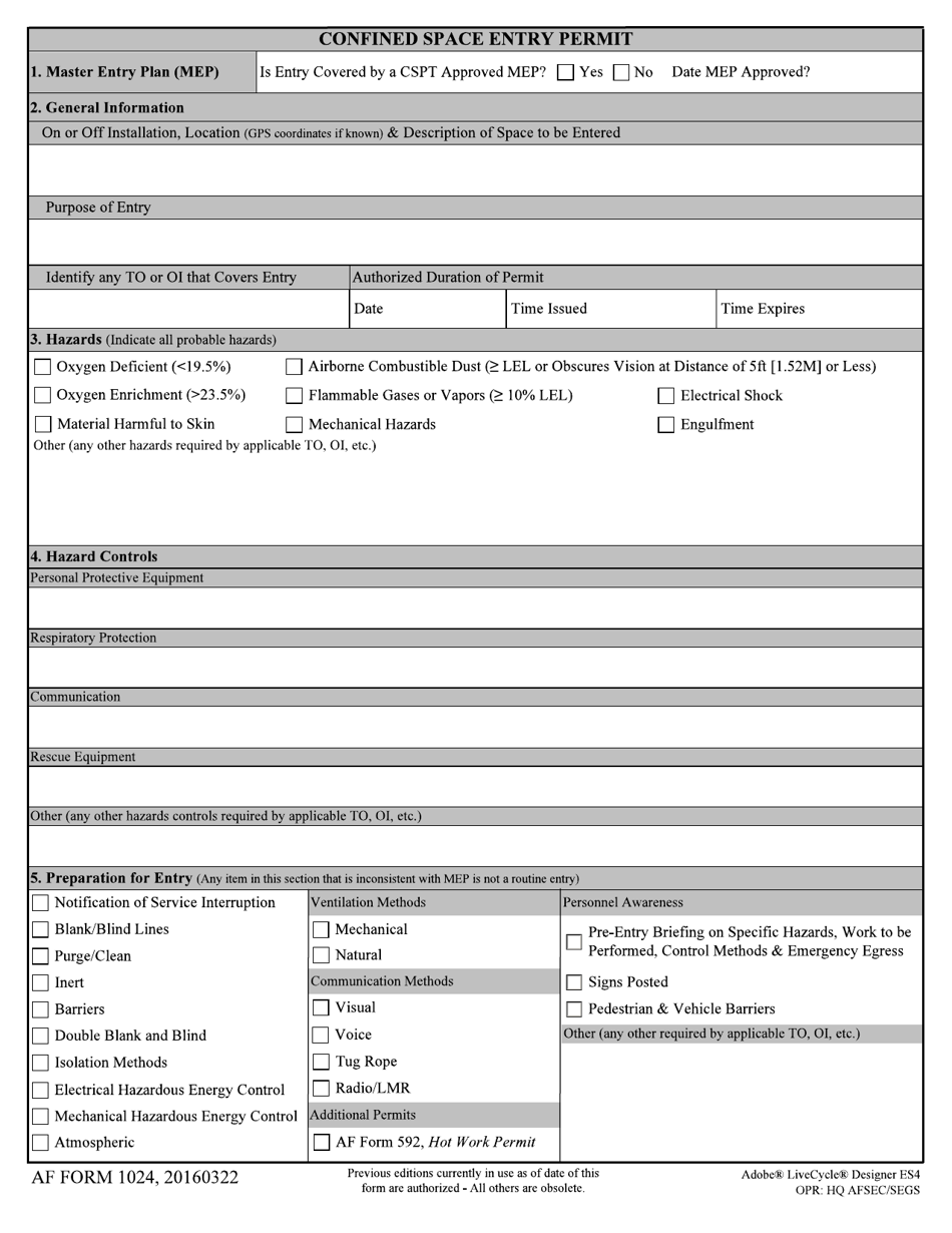 AF Form 1024 Confined Spaces Entry Permit, Page 1