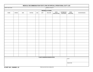 Document preview: AF IMT Form 1041 Medical Recommendation for Flying or Special Operational Duty Log
