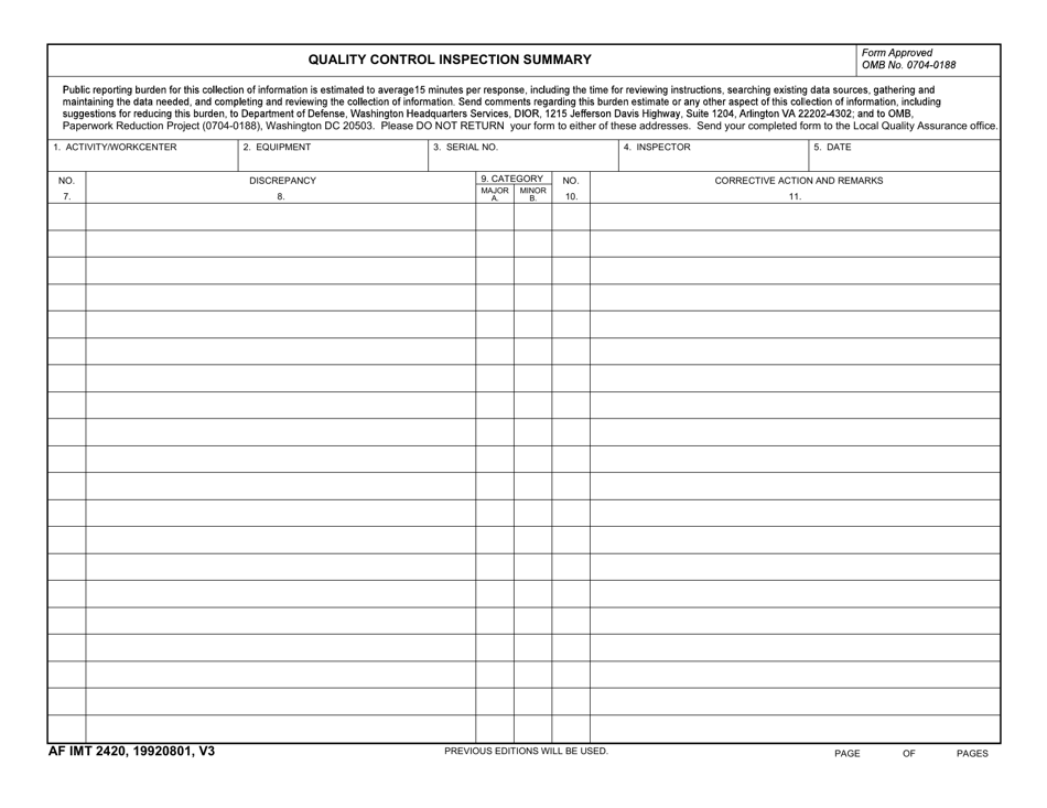 AF IMT Form 2420 Quality Control Inspection Summary, Page 1