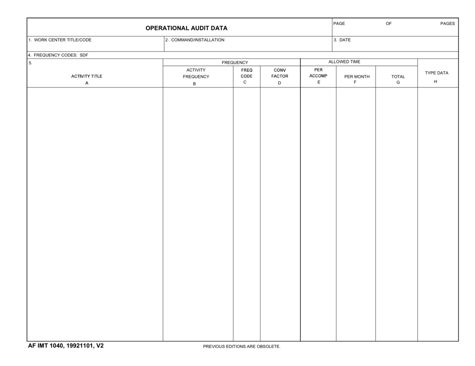 AF IMT Form 1040 Operational Audit Data, Page 1