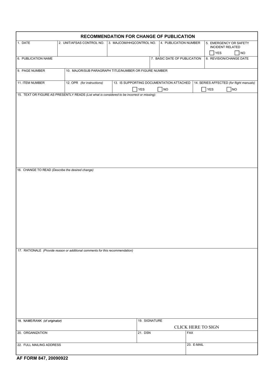 AF Form 847 Recommendation for Change of Publication, Page 1