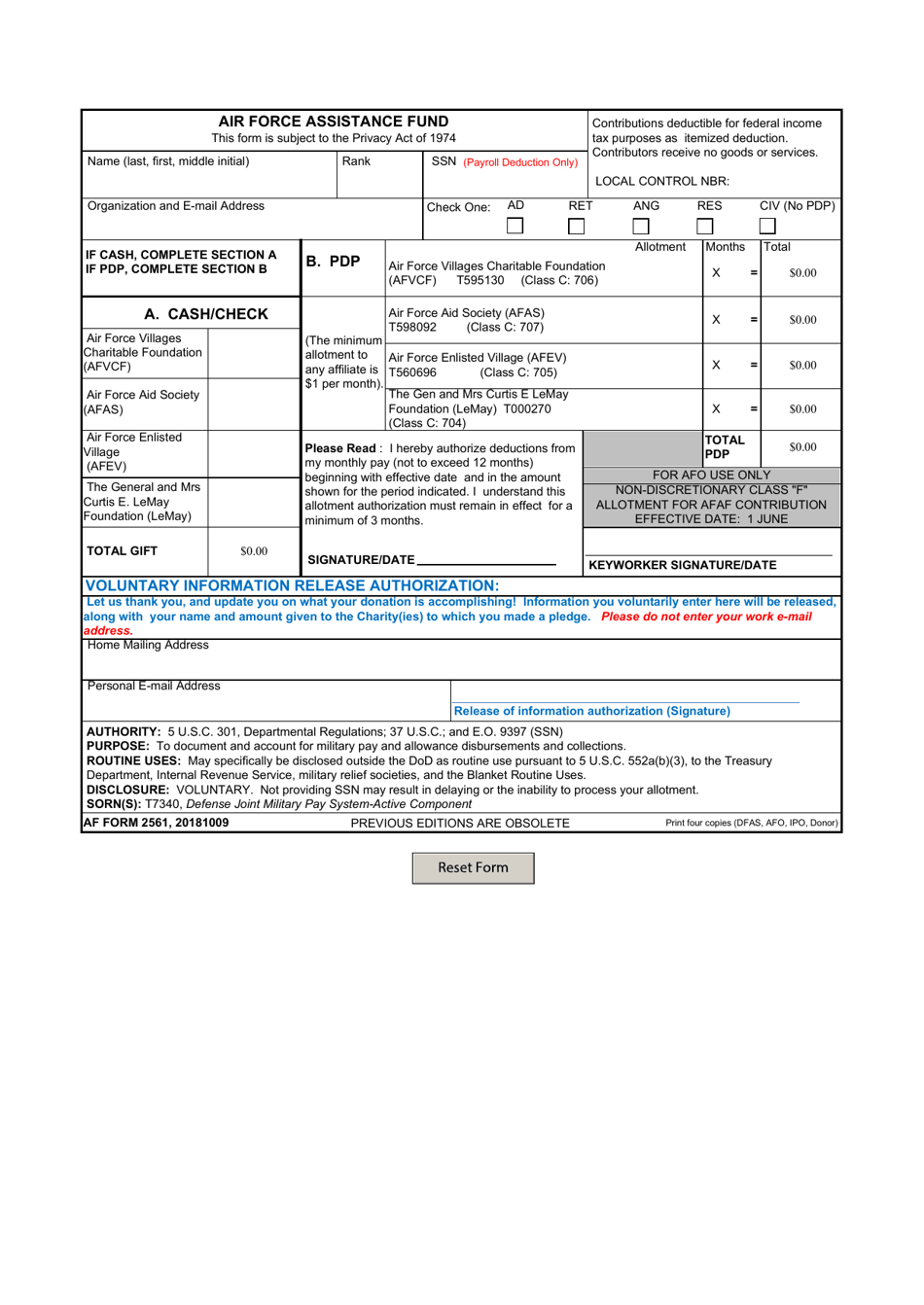 AF Form 2561 Air Force Assistance Fund, Page 1