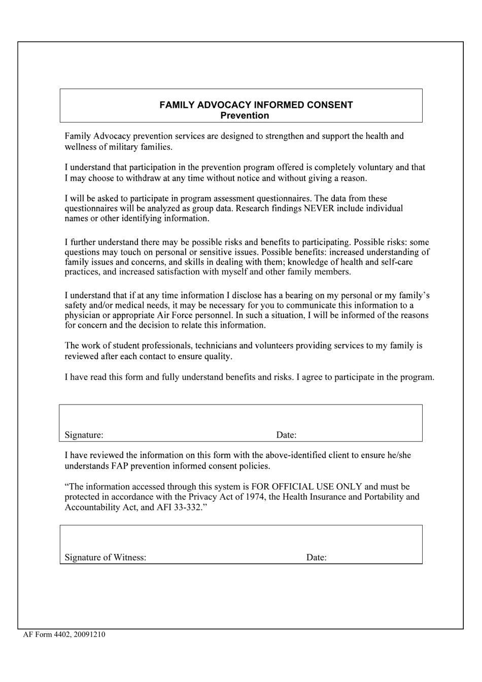 AF Form 4402 Family Advocacy Informed Consent, Page 1