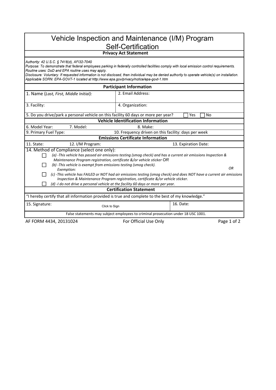 AF Form 4434 Vehicle Inspection and Maintenance (I / M) Program Self Certification, Page 1