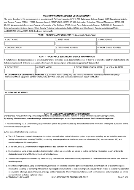 AF Form 4433 US Air Force Unclassified Wireless Mobile Device User Agreement