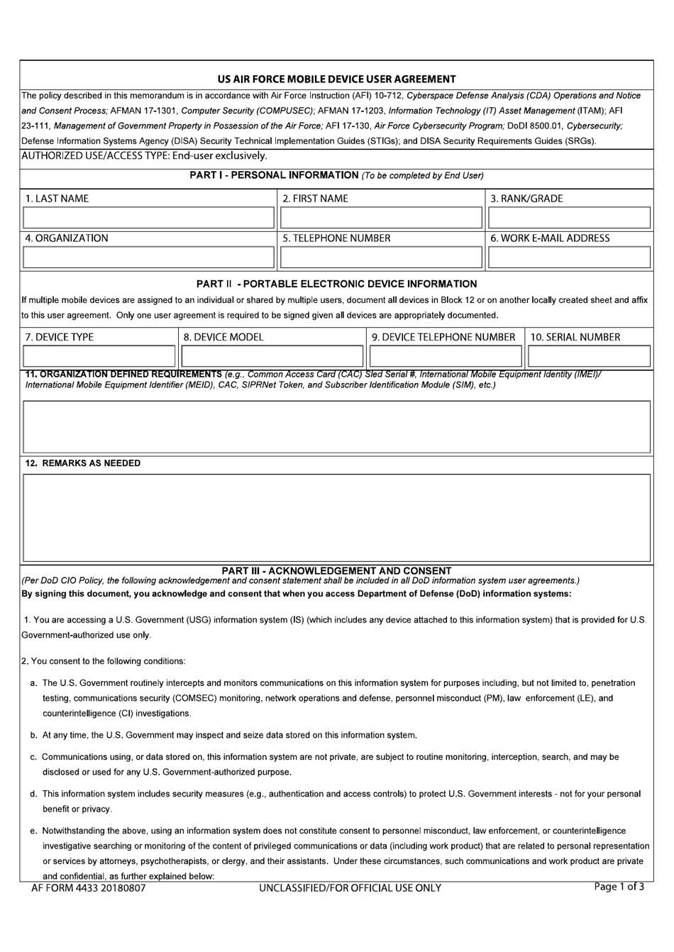 AF Form 4433 US Air Force Unclassified Wireless Mobile Device User Agreement, Page 1