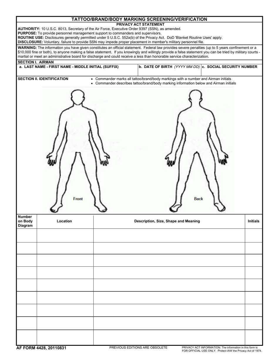 AF Form 4428 Tattoo / Brand / Body Marking Screening / Verification, Page 1