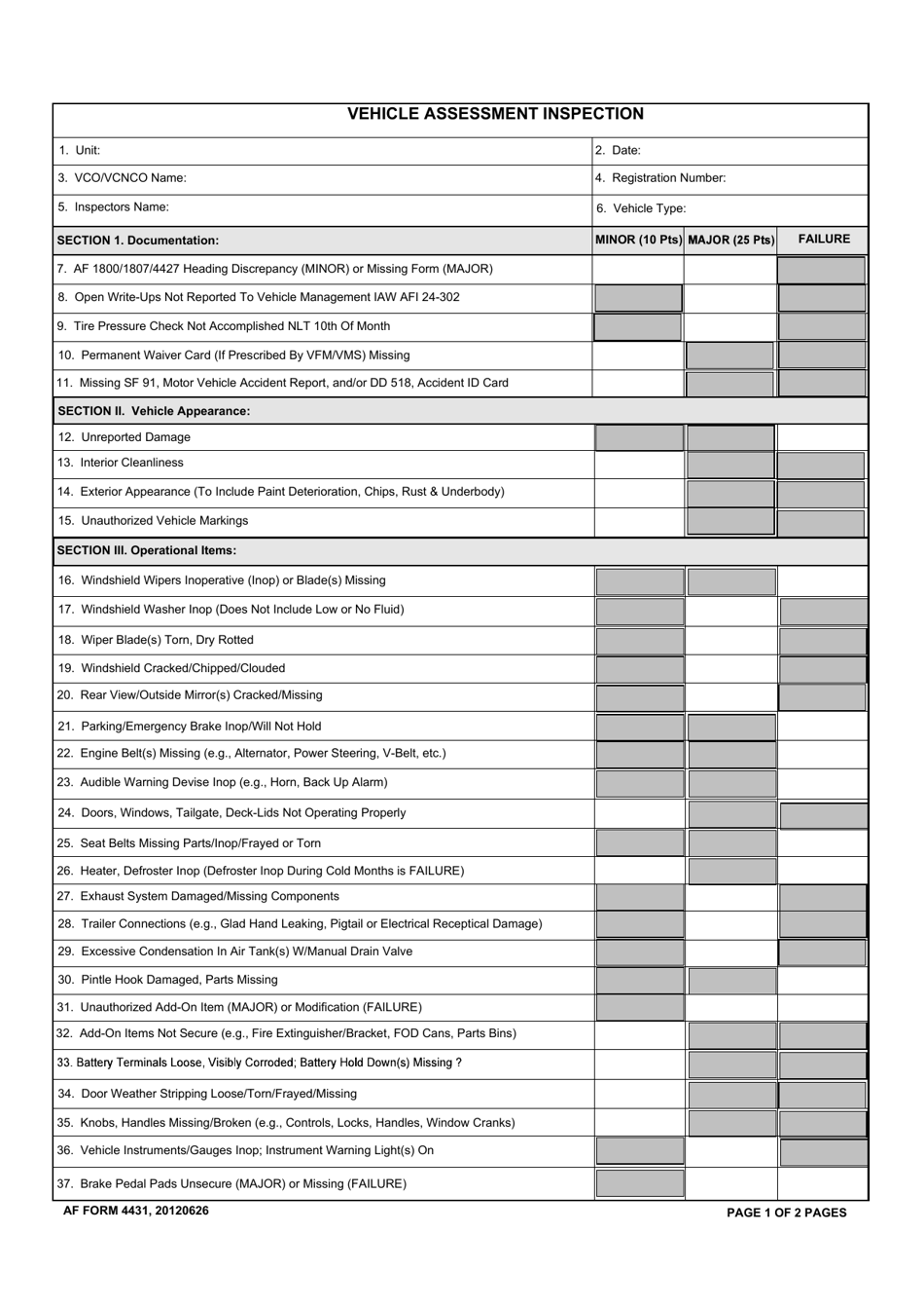 AF Form 4431 Vehicle Assessment Inspection, Page 1