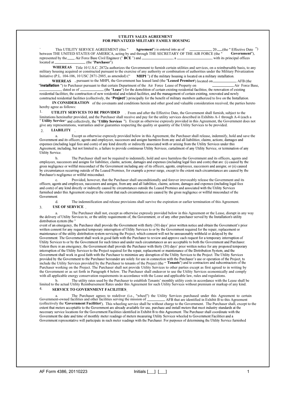 AF Form 4386 Utility Sales Agreement for Privatized Military Family Housing, Page 1