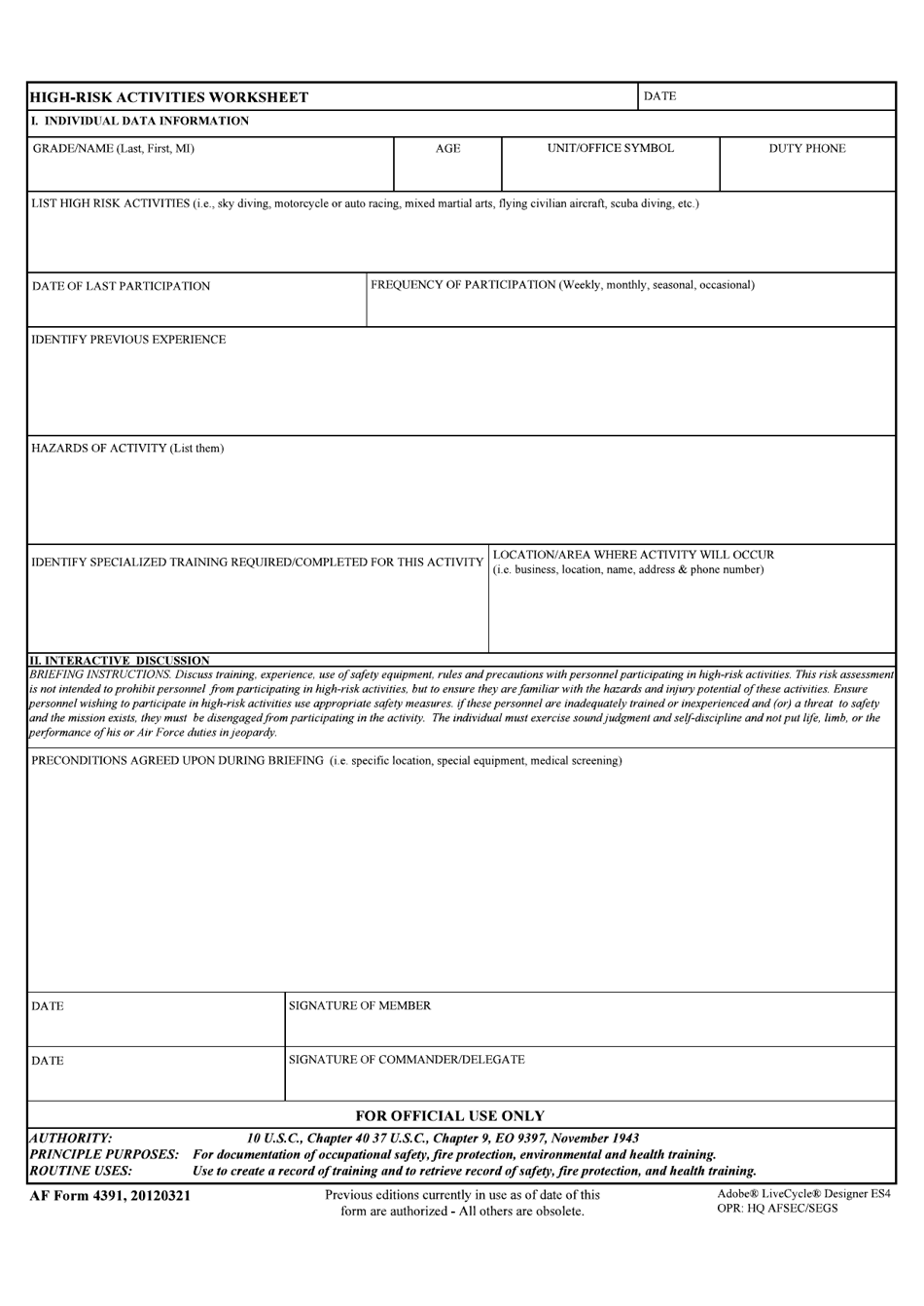 AF Form 4391 High-Risk Activities Worksheet, Page 1