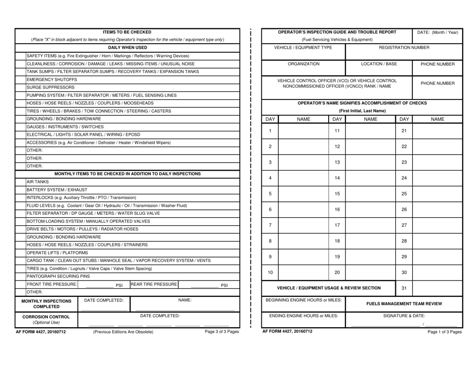 AF Form 4427 Operators Inspection Guide and Trouble Report (Fuels Support Equipment), Page 1