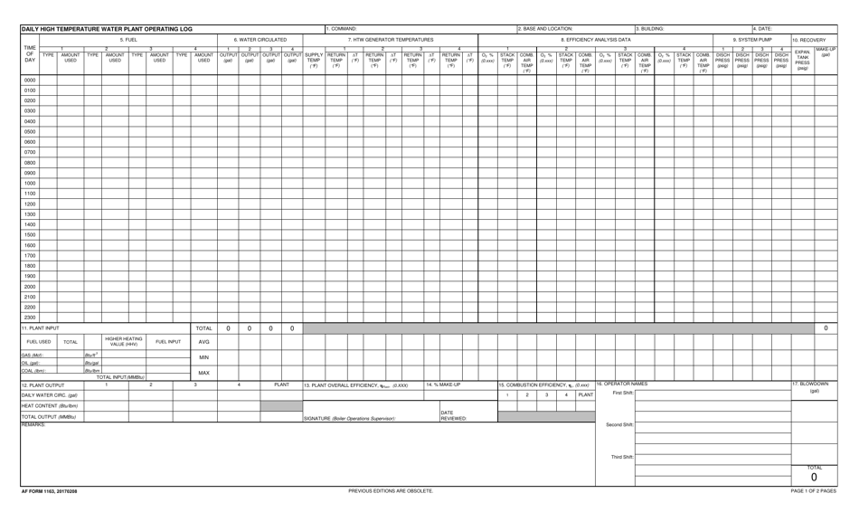 AF Form 1163 Daily High Temperature Water Plant Operating Log, Page 1