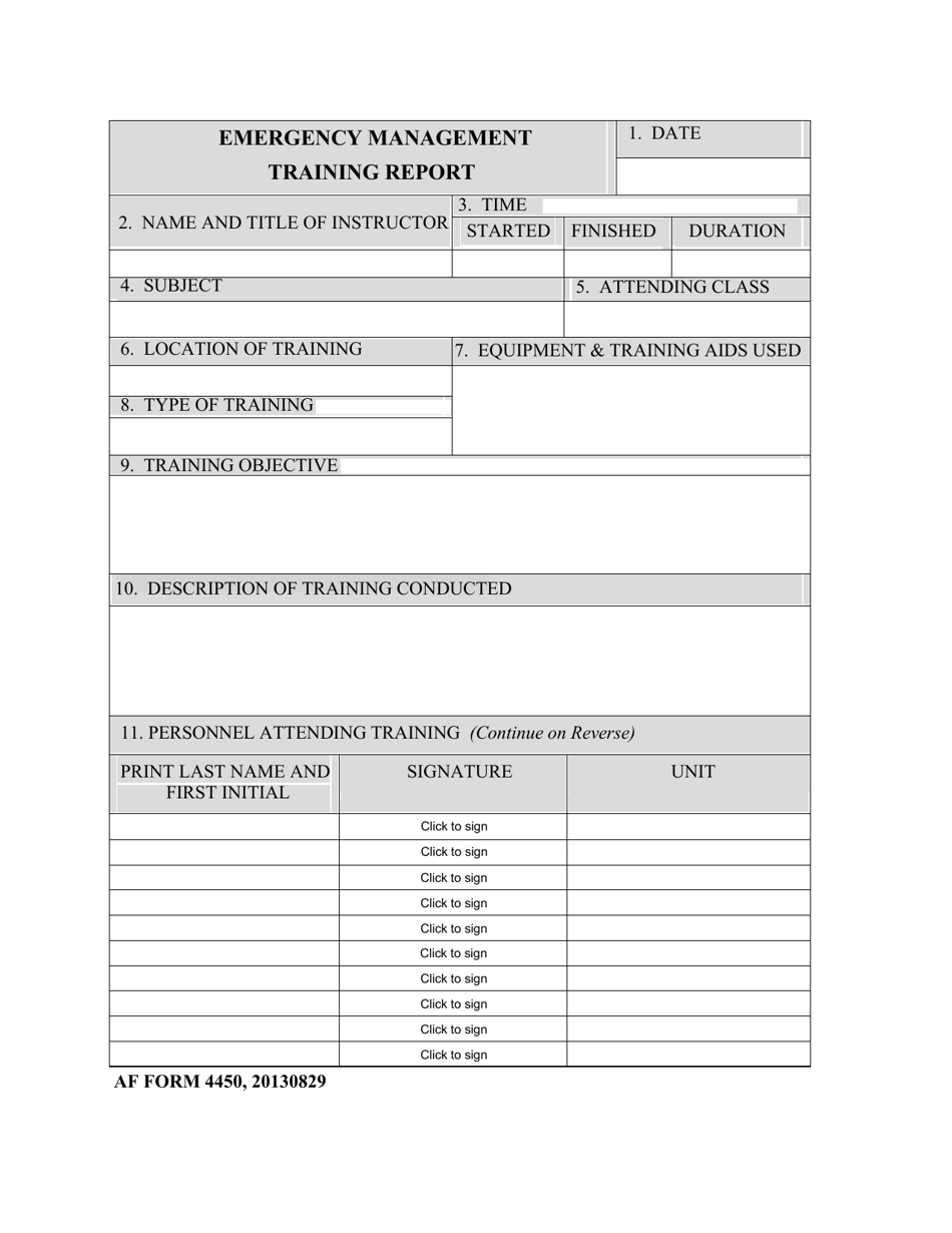 AF Form 4450 Emergengy Management Training Report, Page 1